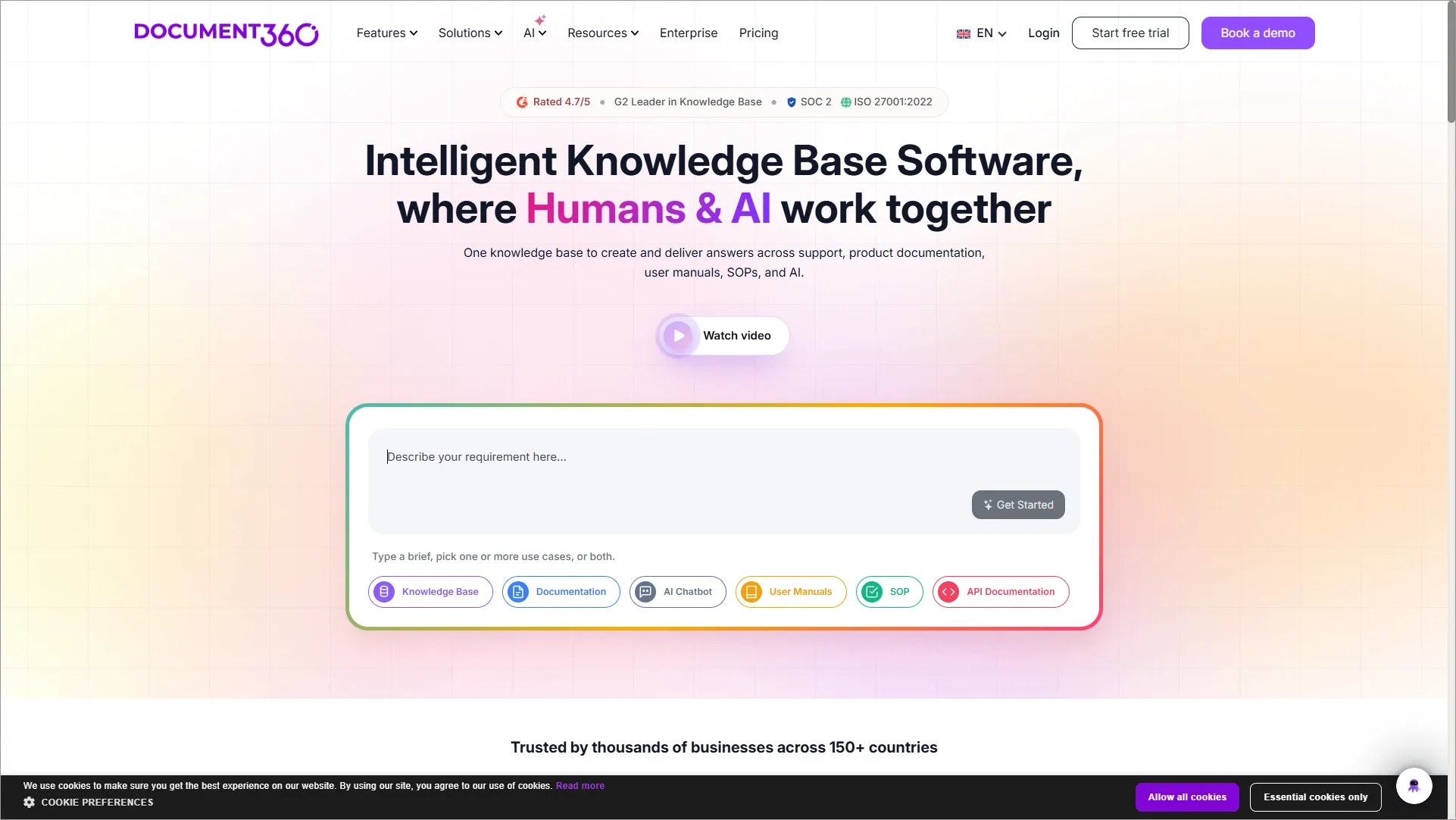 Document360 homepage showing “Knowledge Base Portal” tagline with demo option and document previews.