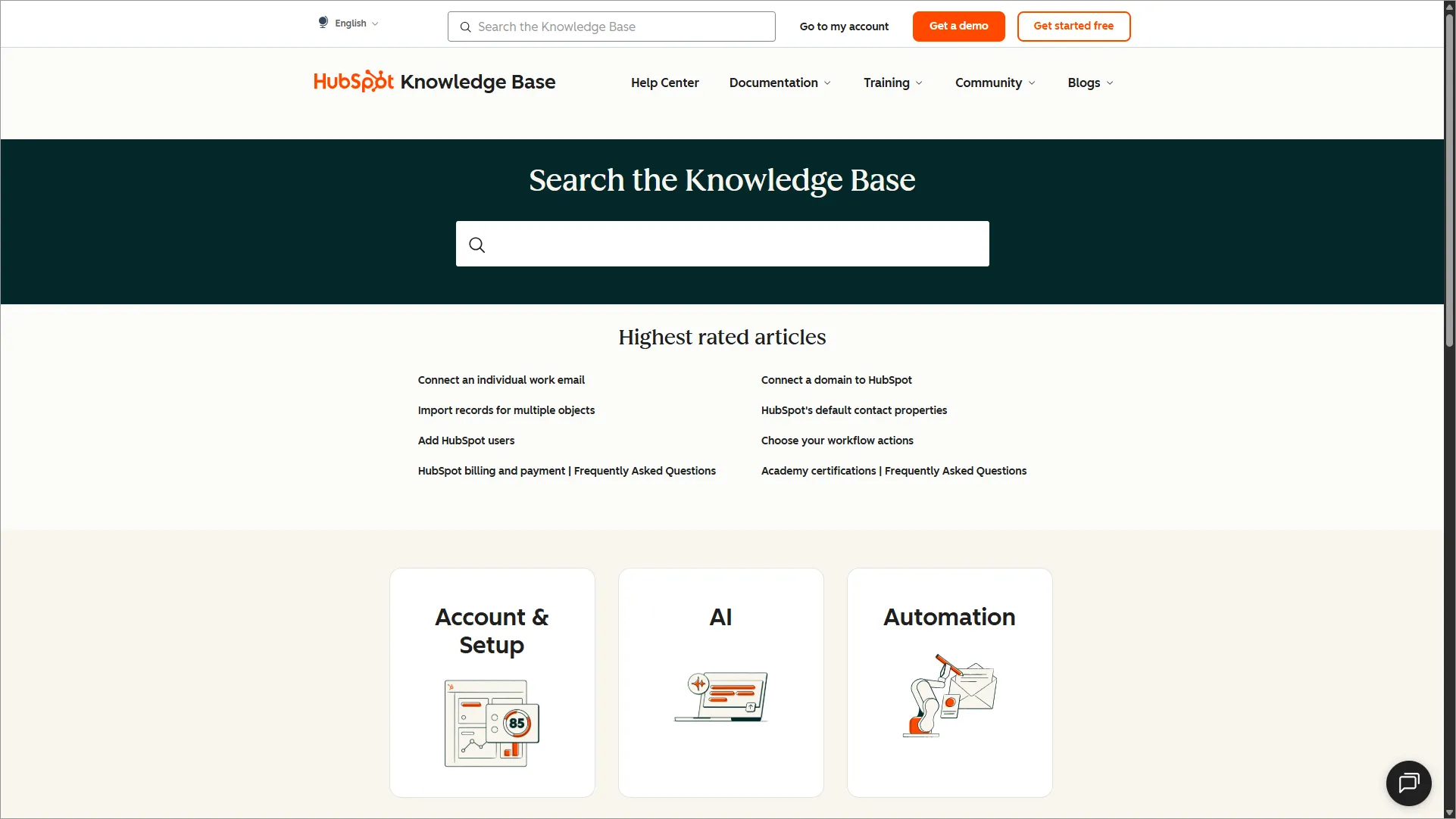 HubSpot homepage showing “Knowledge Base Software” section with demo button and features like help articles and SEO tips.