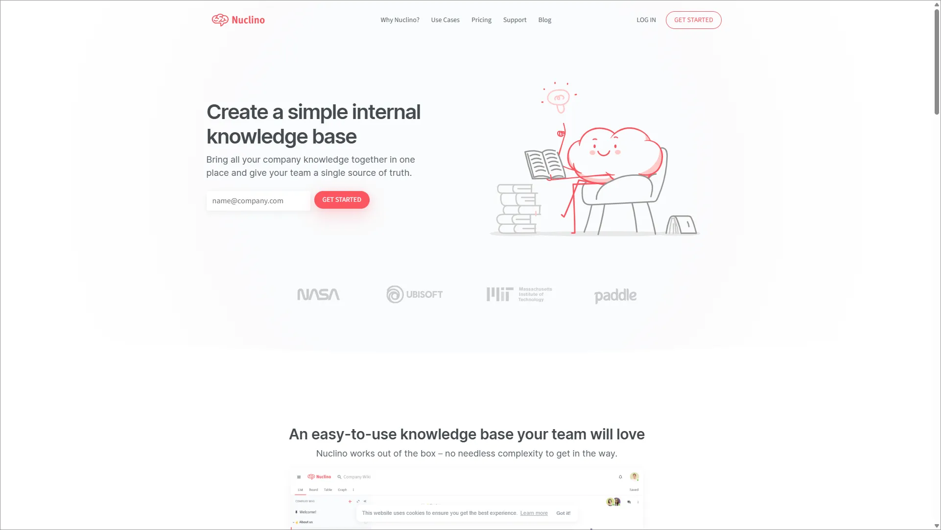 Nuclino homepage showing tagline “Your team’s collective brain” with illustration of people collaborating.
