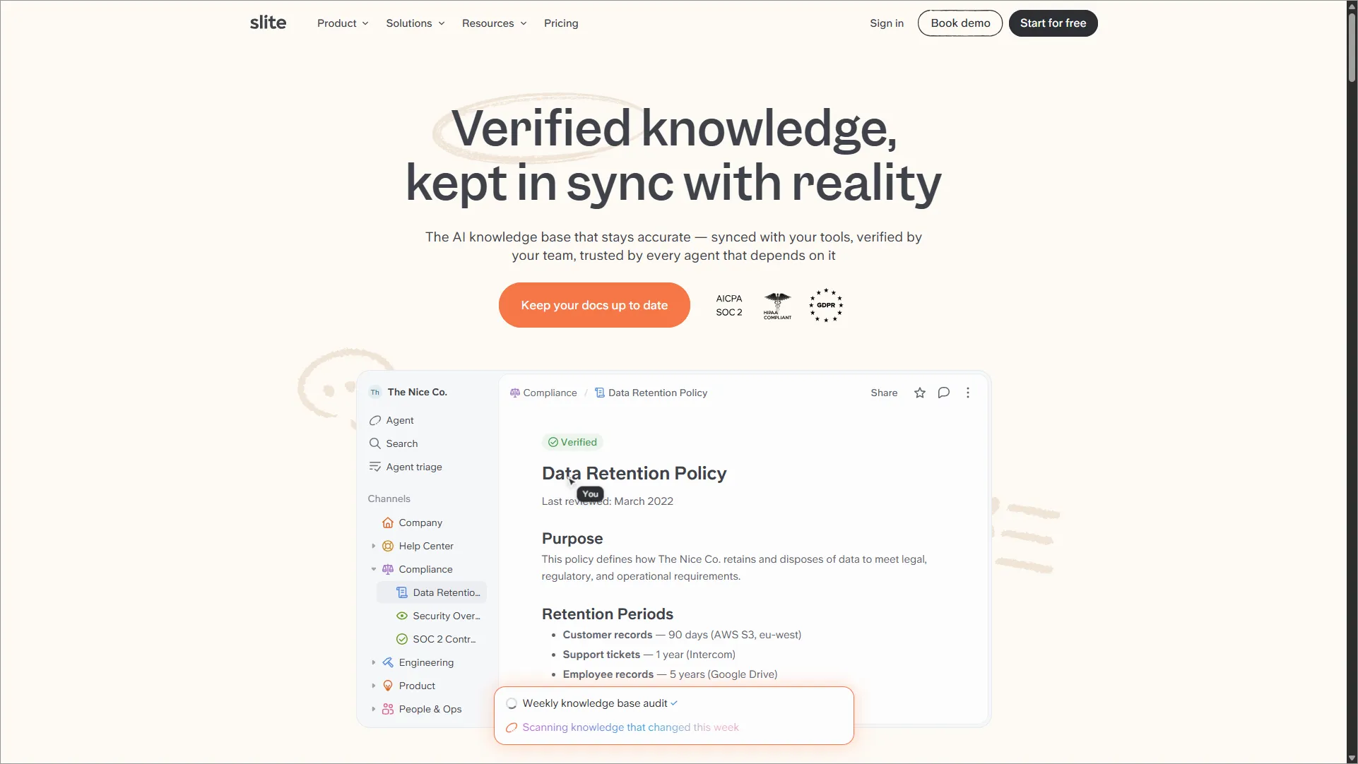 Slite homepage showing tagline “Where knowledge thrives,” promoting AI-powered documentation and self-service support.