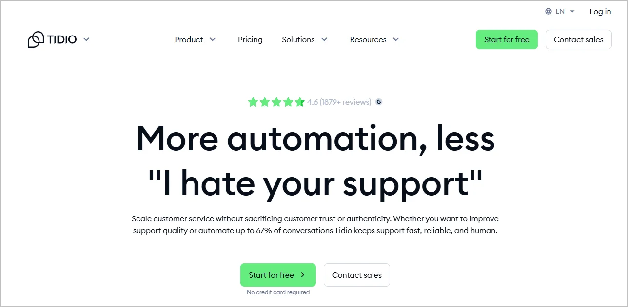 Tidio customer service page with sleek design, 4.6-star rating, bold headline, and buttons to start free or contact sales.