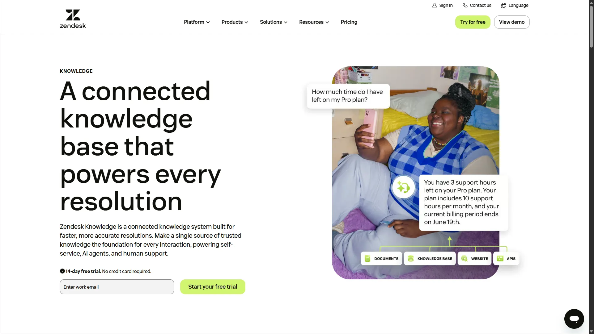 Zendesk homepage showing tagline “A knowledge base that knows all” with call-to-action buttons and feature highlights.