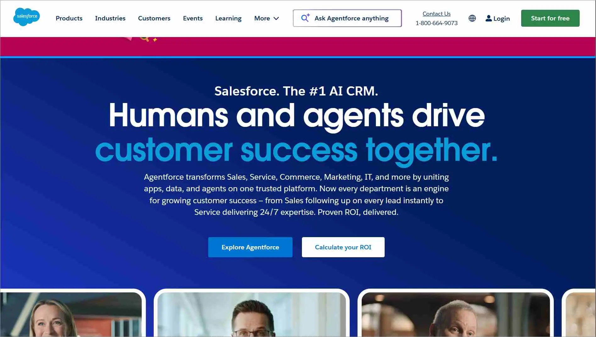 Salesforce webpage promoting Agentforce AI CRM with headline “Humans and agents drive customer success together,” featuring call-to-action buttons for exploring Agentforce and calculating ROI.