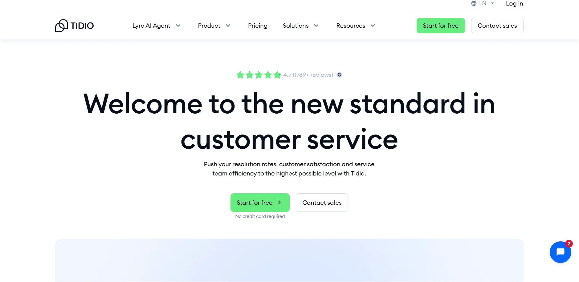 Tidio customer service page with 4.7-star rating and buttons to start free or contact sales.