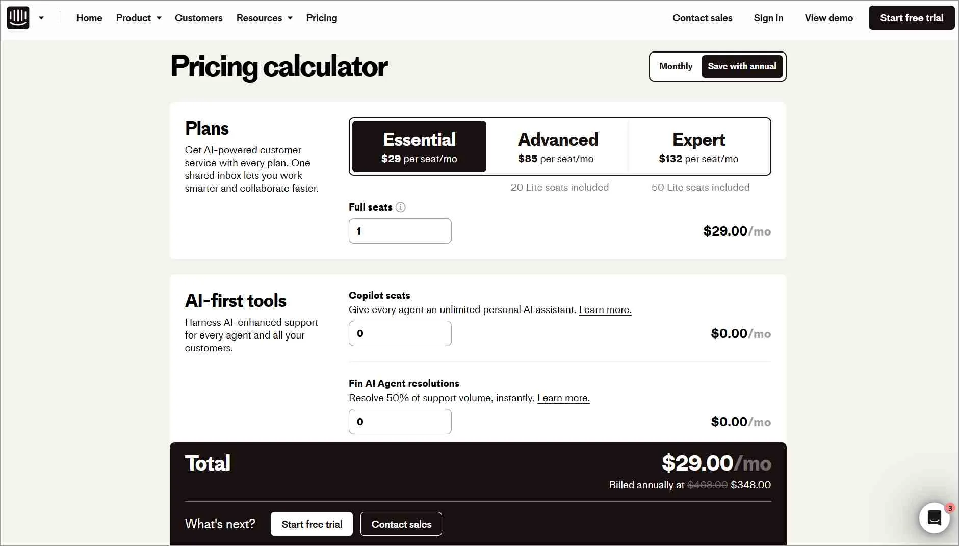 Pricing page detailing plans: Essential, Copilot seats, Fin AI Agent resolutions. Total cost $29.00/month