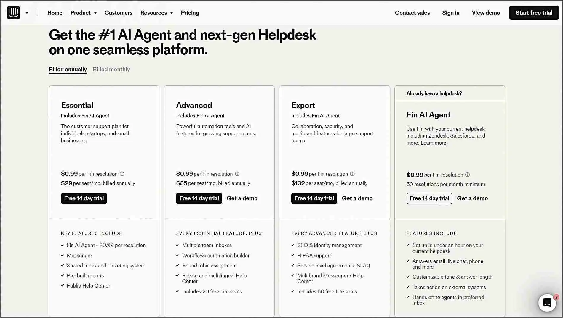 Pricing page for an AI-first customer service platform featuring three plans. Highlighting features like setup in under an hour.