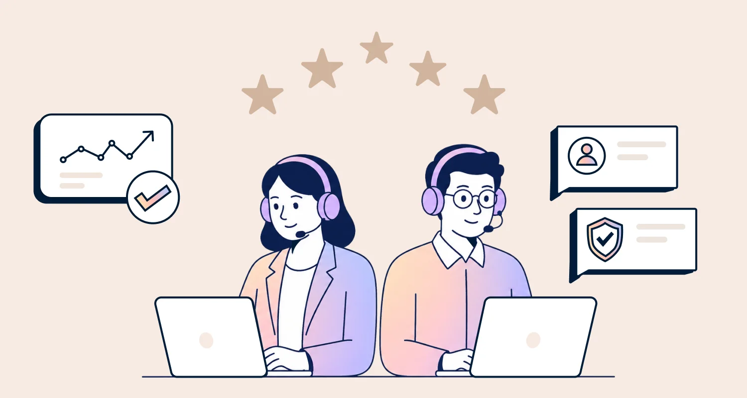 Customer support team illustration highlighting service quality, performance tracking, communication, and security.