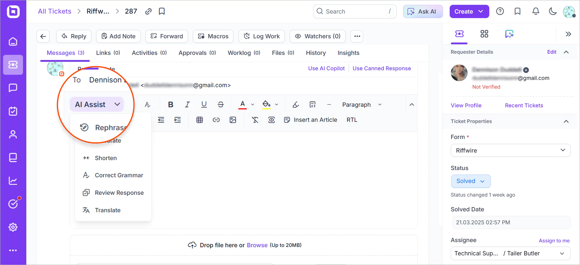 AI assist options in BoldDesk