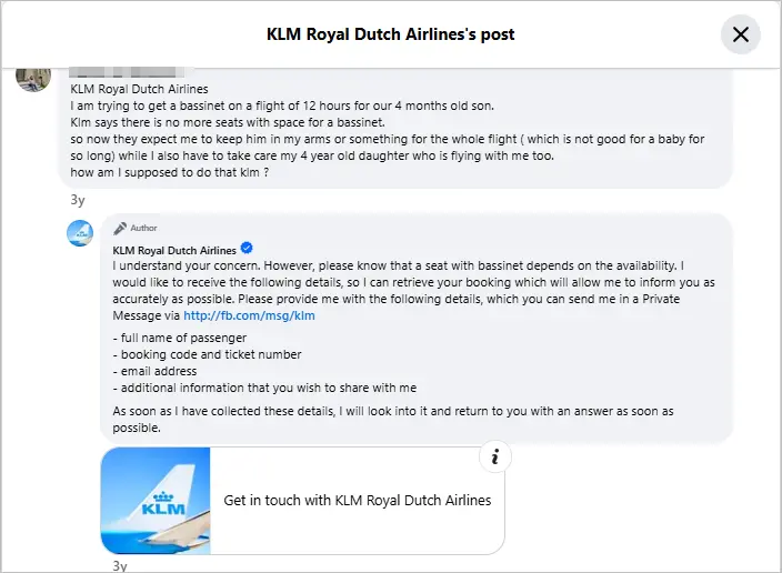 KLM Facebook for customer service