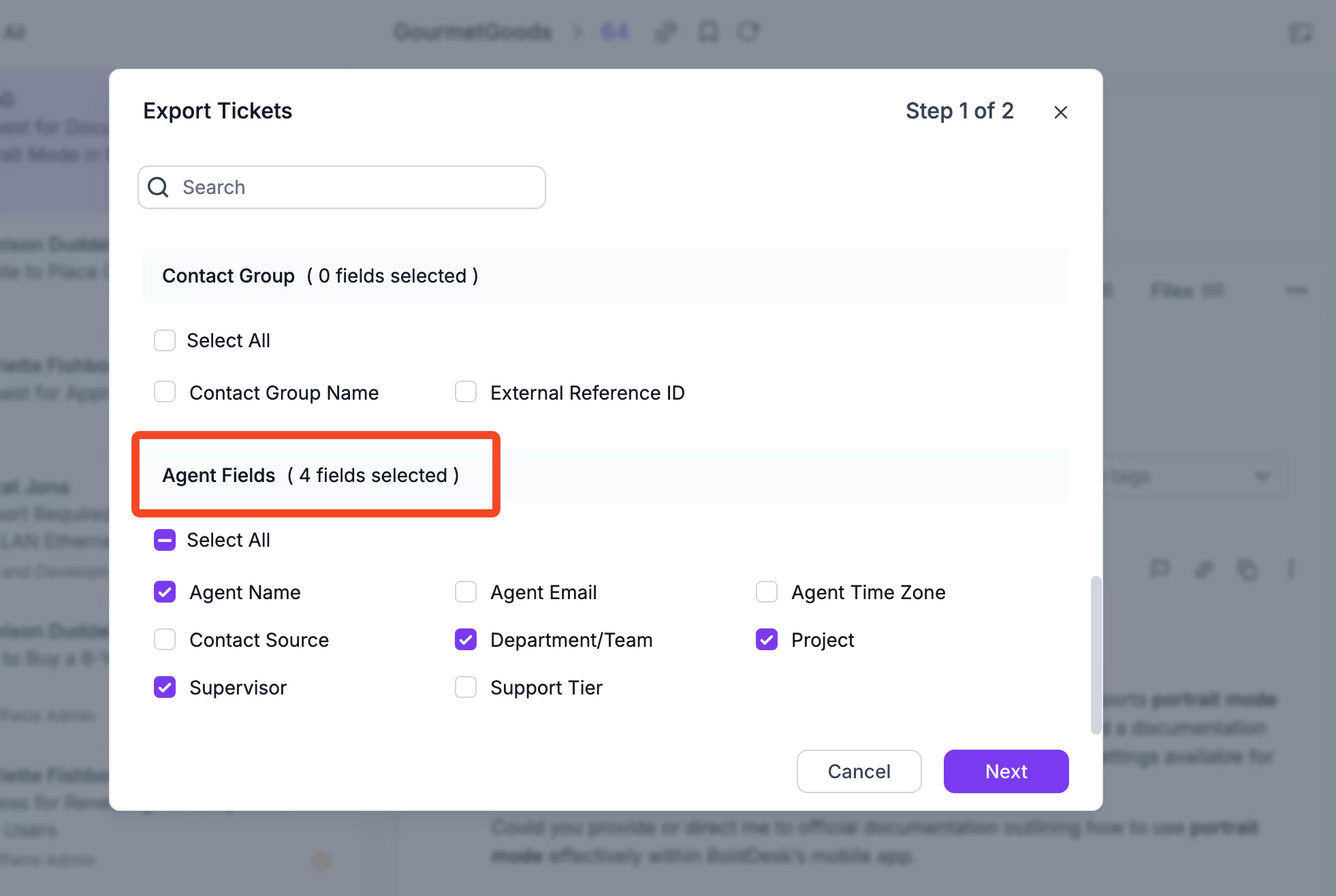 Agent fields in export tickets