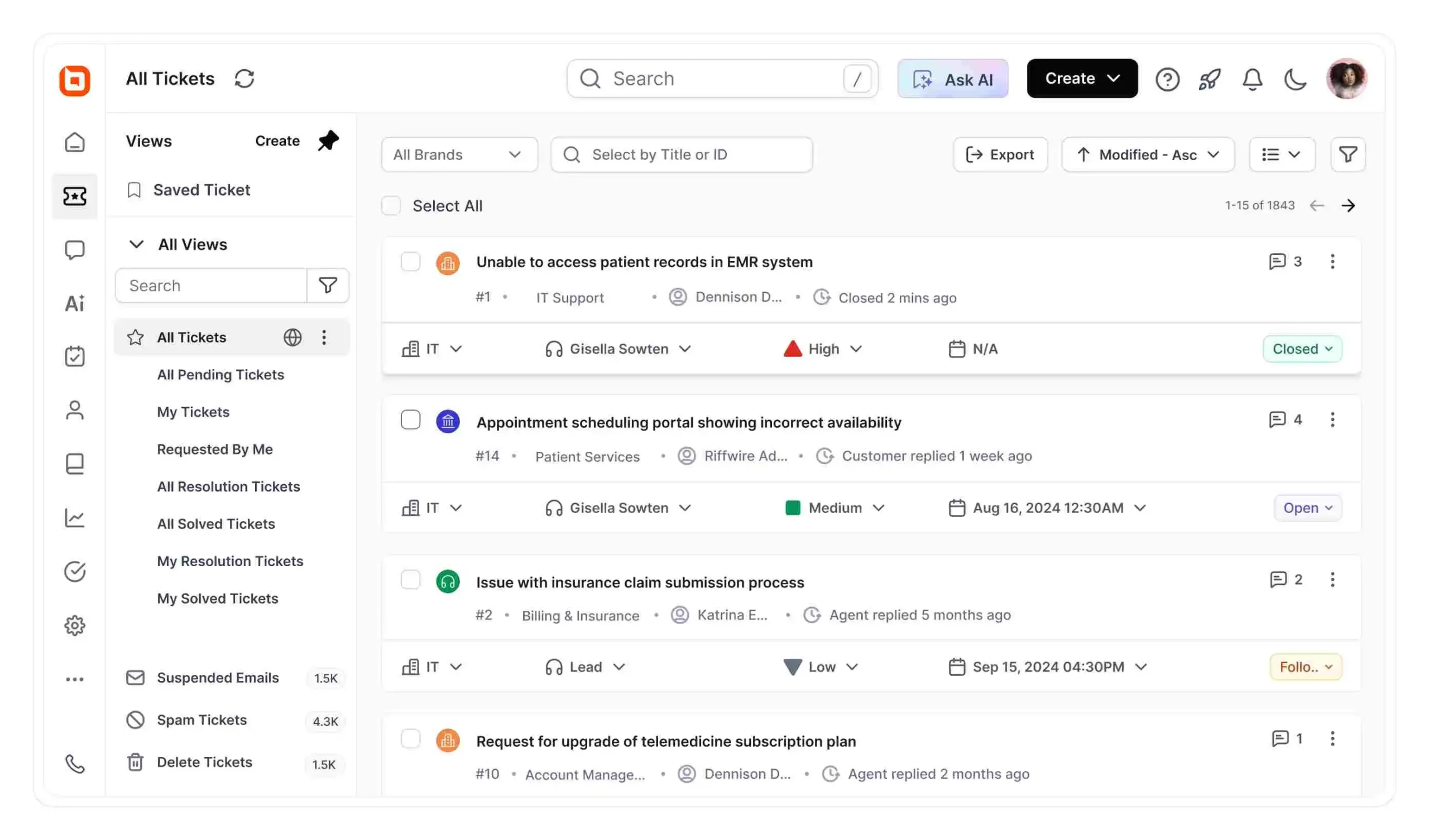 BoldDesk ticketing dashboard displaying support tickets, priorities, agents, statuses, and SLA tracking