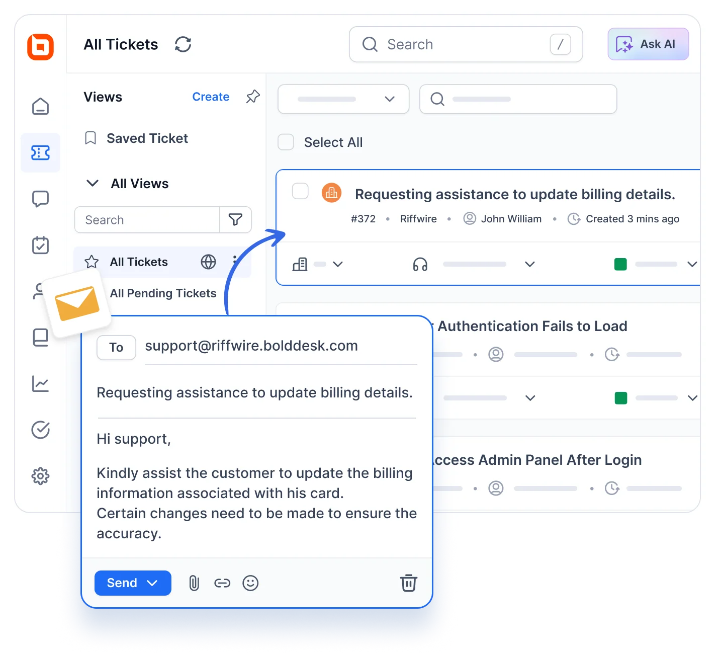 Email ticketing system interface for efficiently managing and resolving customer support requests.