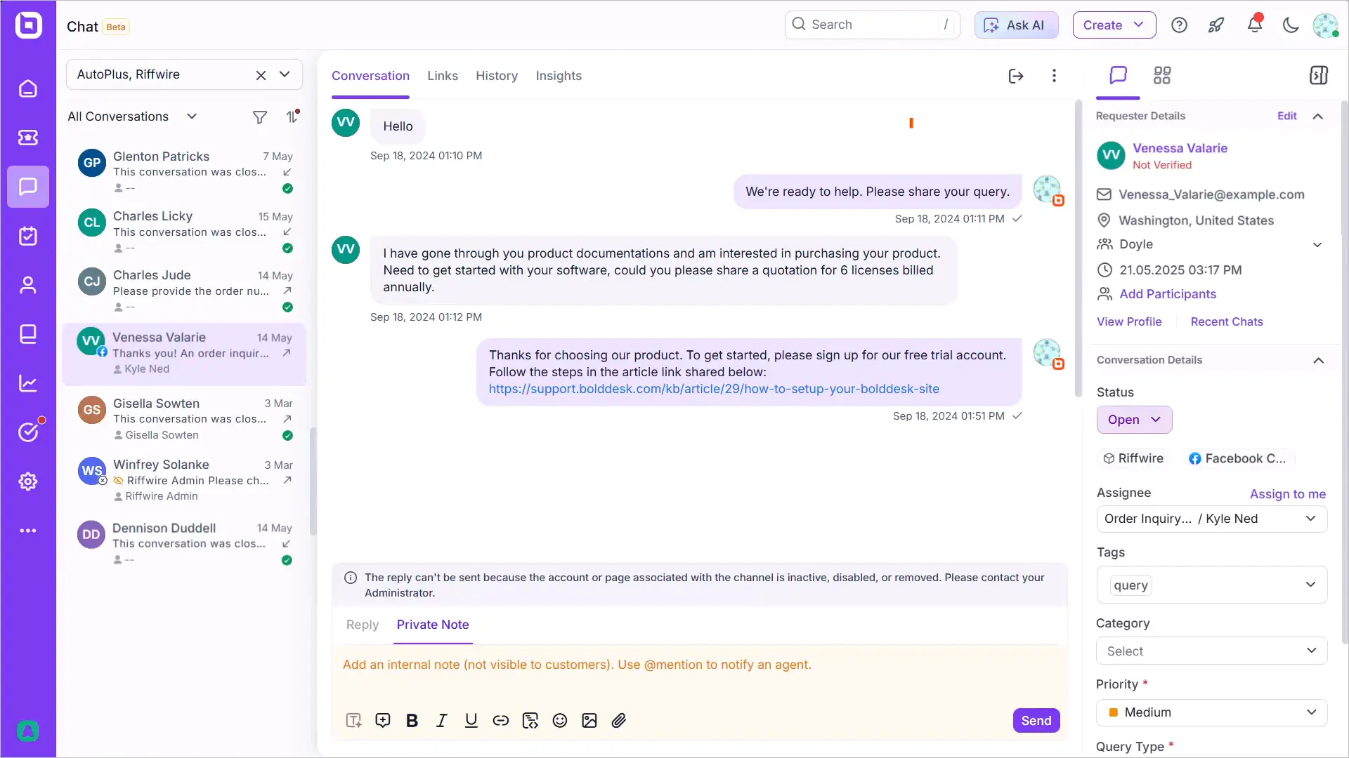 Facebook customer service in BoldDesk
