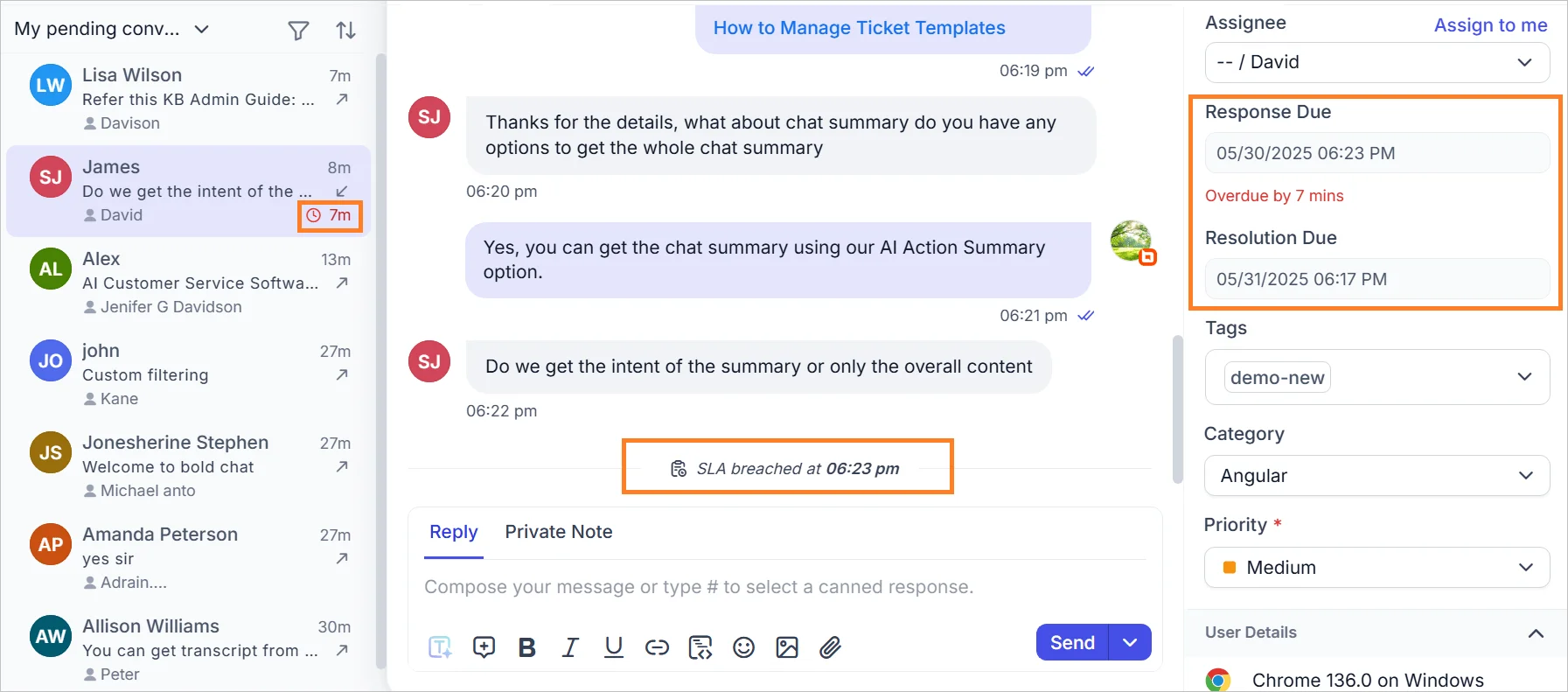 Resolution and response due time in chat SLA