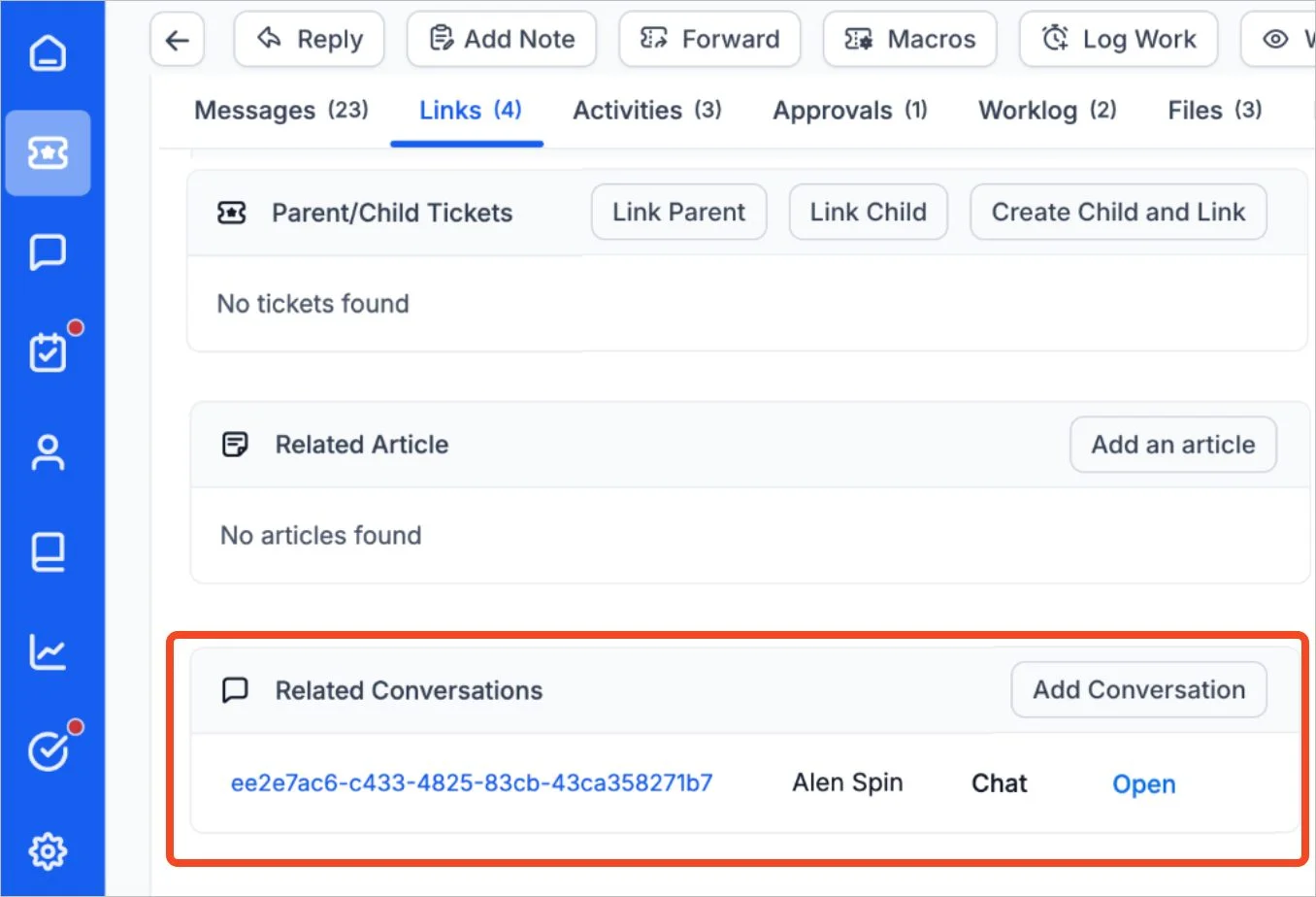Chat conversations linked to tickets
