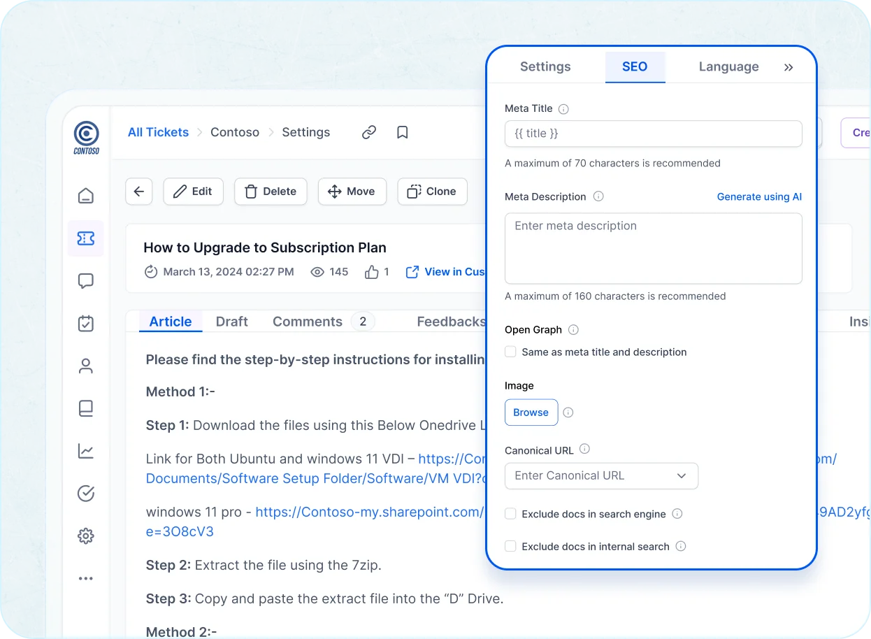 Knowledge Management System screen displaying an article editor with an SEO settings panel for titles and metadata.