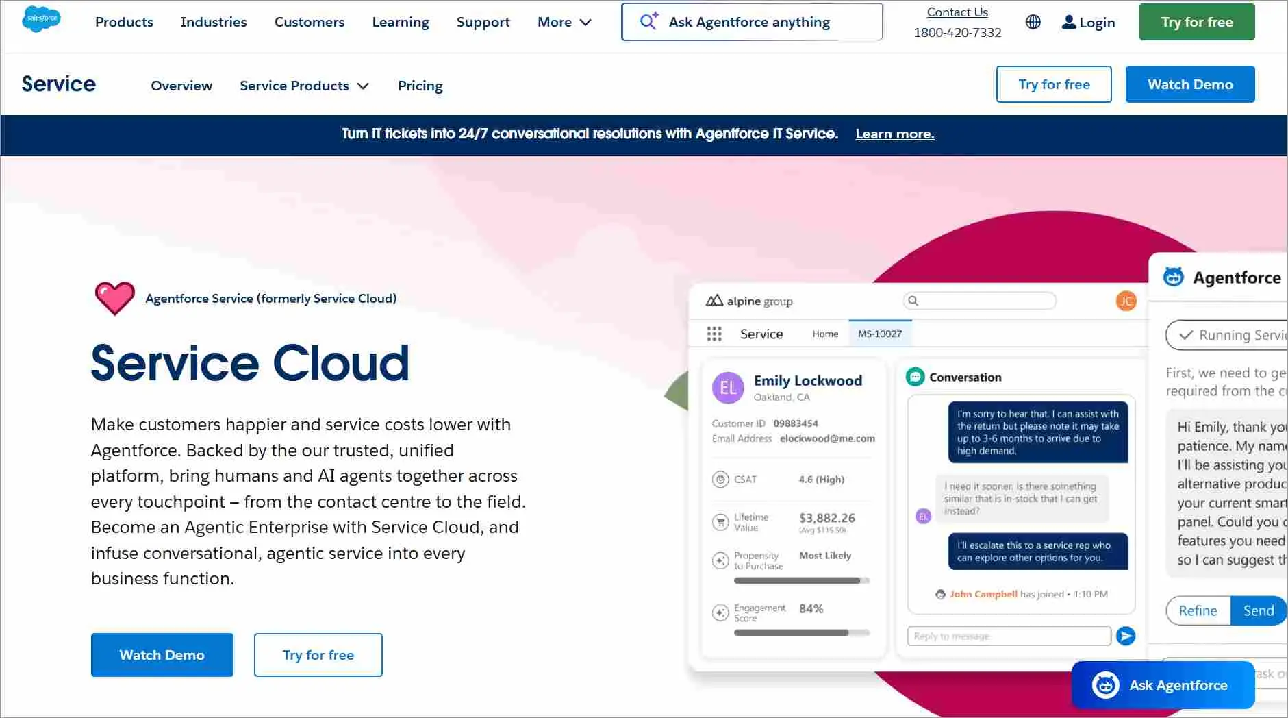 Salesforce Service Cloud page showcasing Agentforce AI-powered customer service platform with chat and ticket details