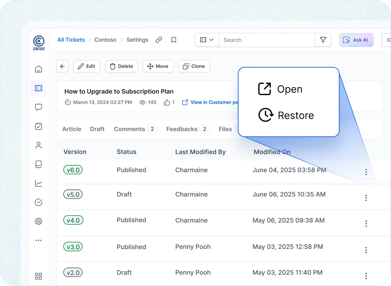 Knowledge Management System screen showing article version history with options to open or restore previous versions.