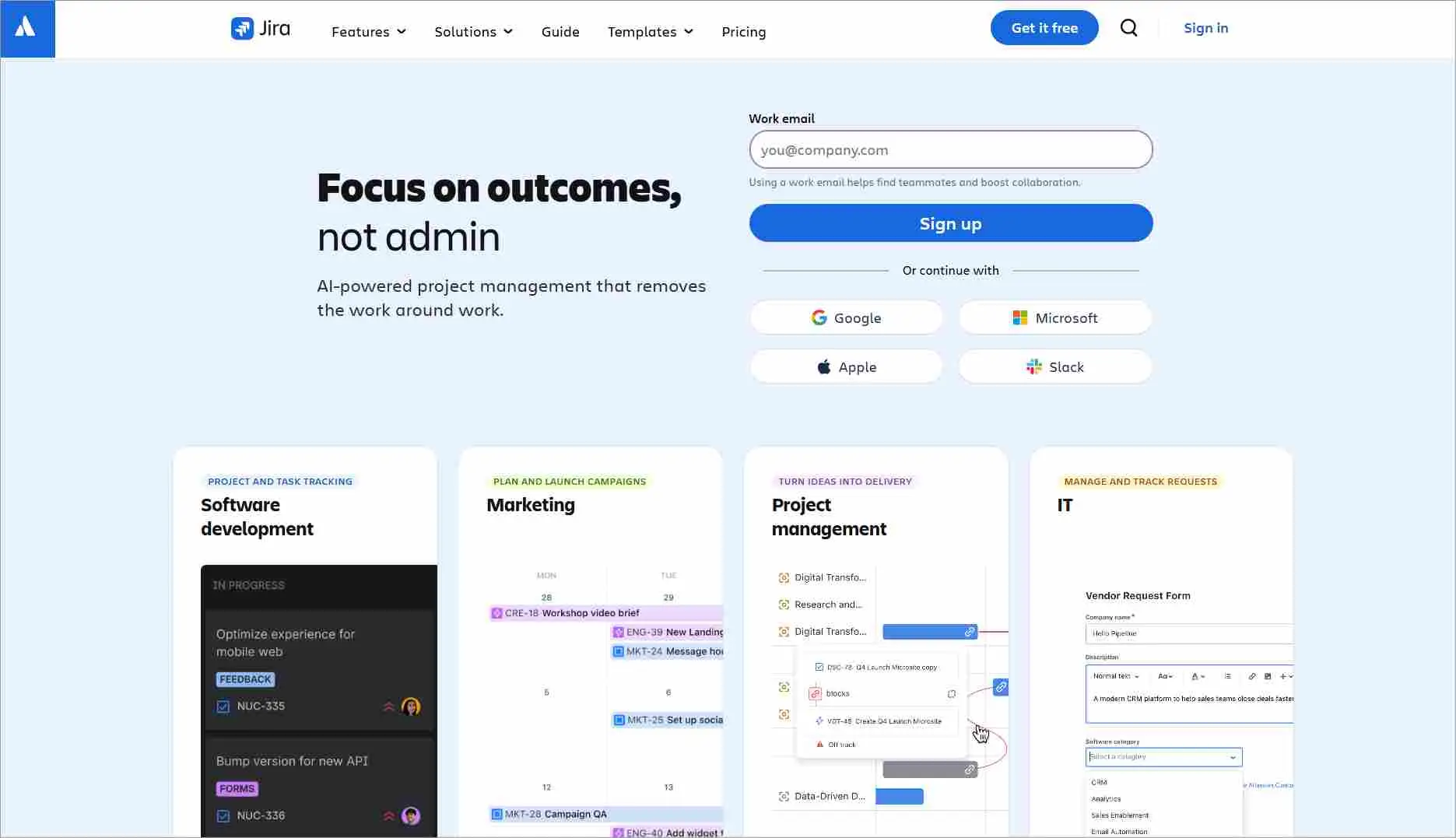 Jira homepage showcasing AI-powered project management with templates for software development and IT.
