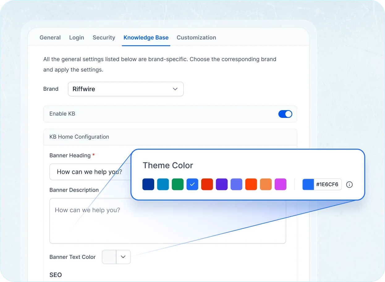 A knowledge management system settings screen shows the Knowledge Base tab open with brand customization and color selection tools.