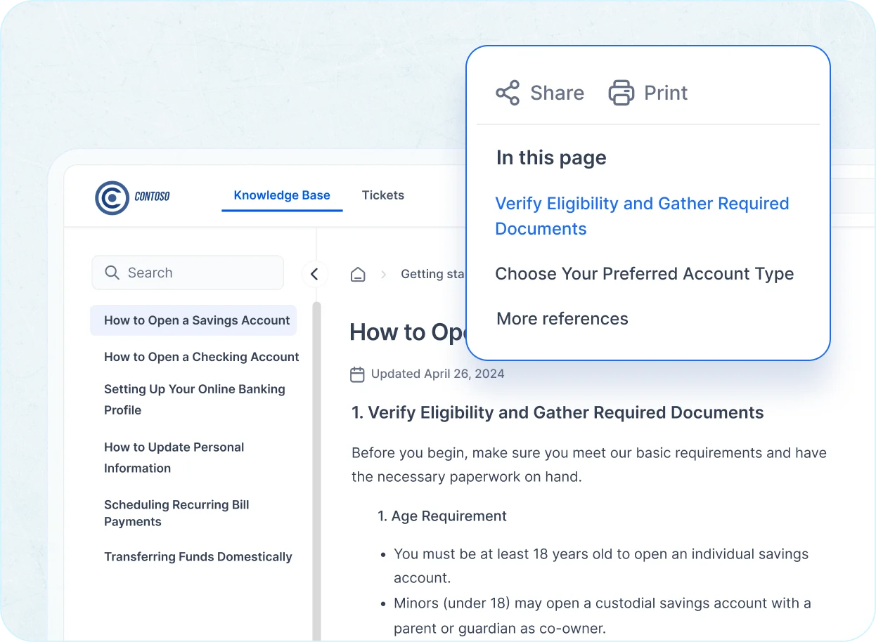 Knowledge Management System interface showing a banking guide with a menu, search panel, and share options visible.