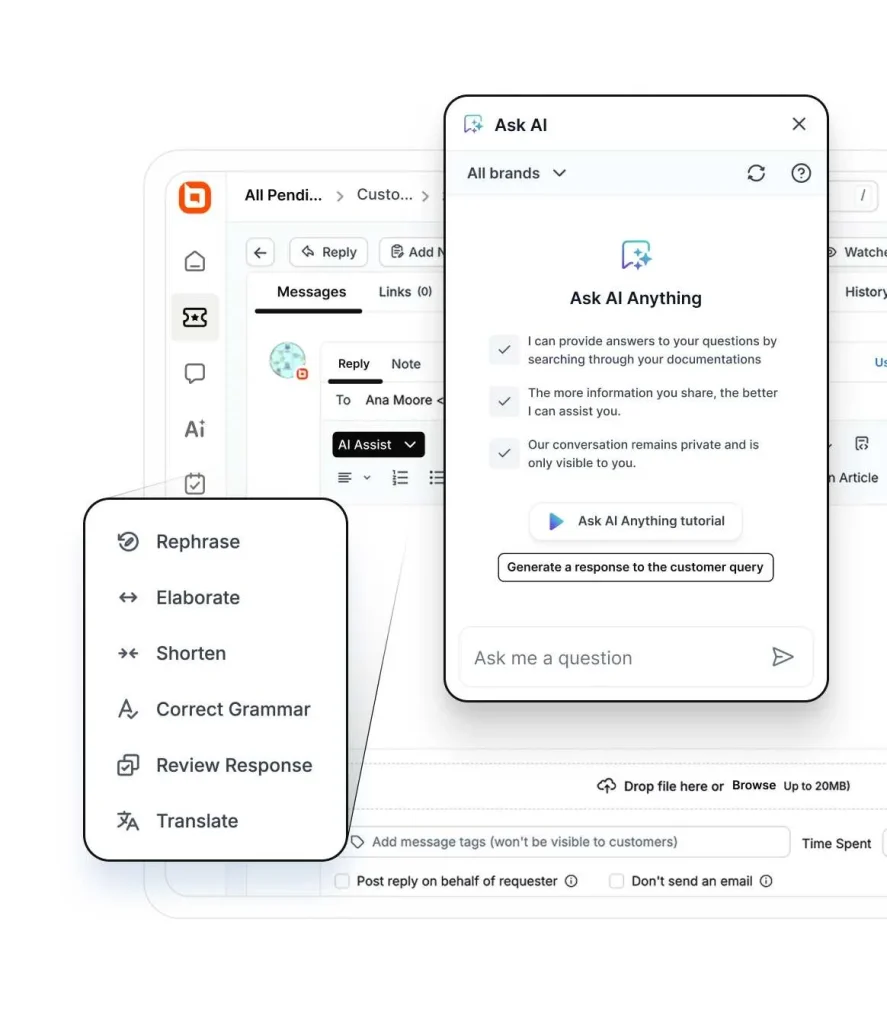 AI assistant helping support agents rephrase, translate, and improve customer responses