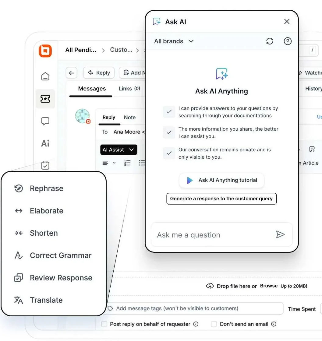 AI assistant helping support agents rephrase, translate, and improve customer responses