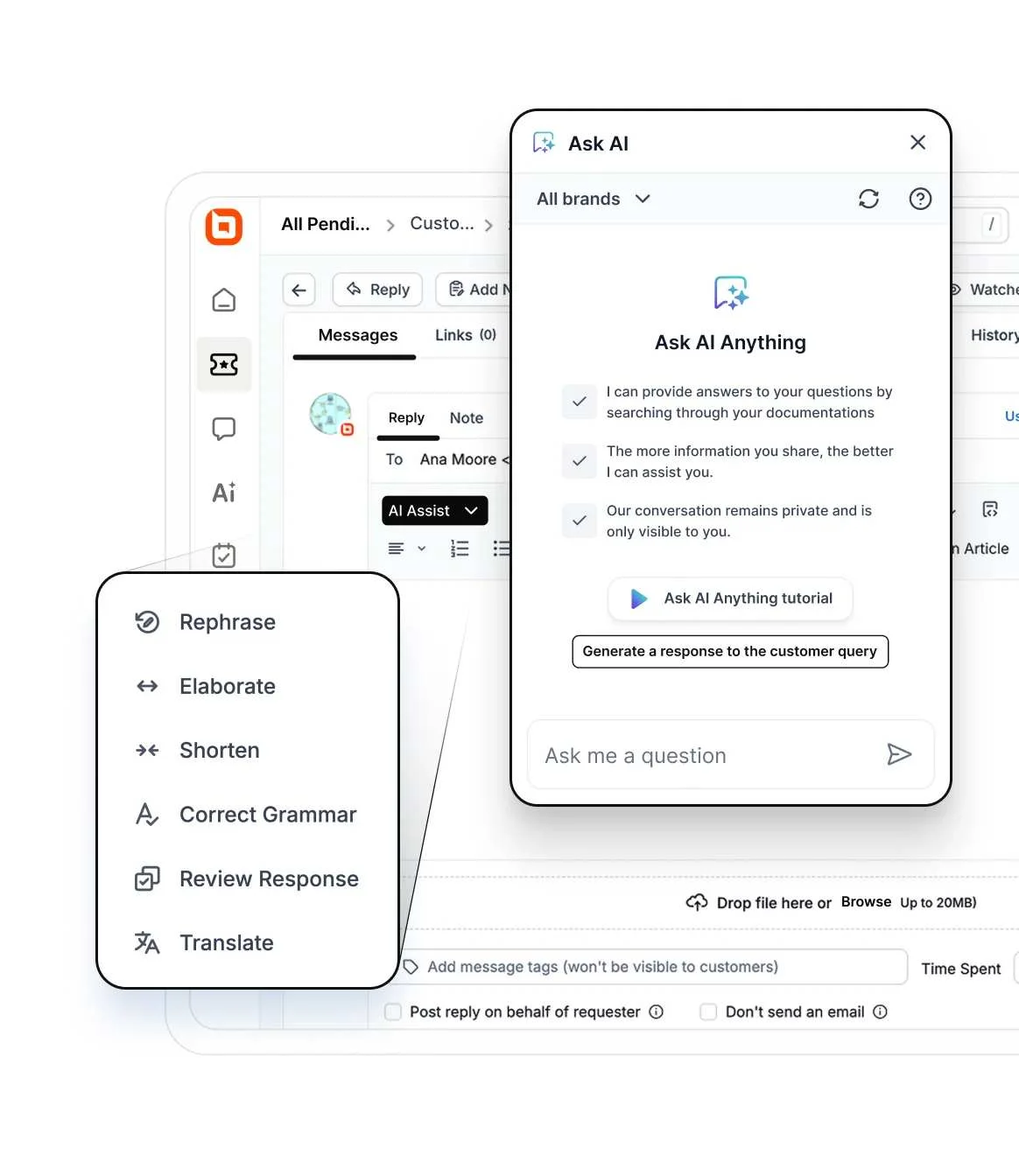 AI assistant panel in a white support dashboard with tools to rephrase, translate, and improve responses
