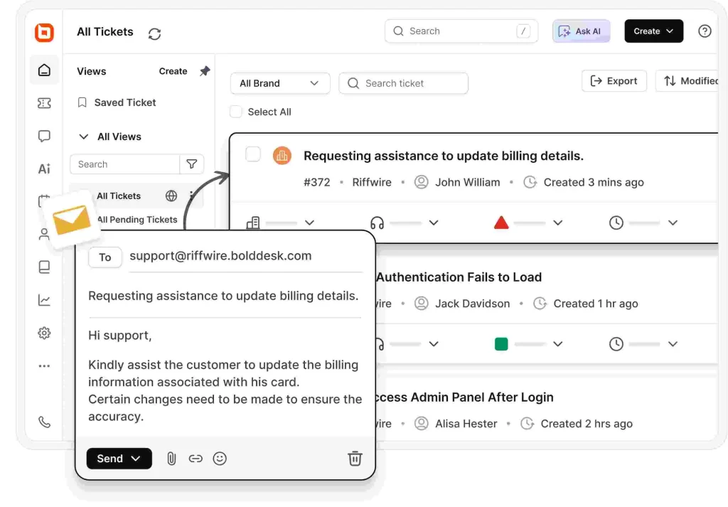 Email ticketing dashboard converting customer emails into support tickets for tracking and resolution