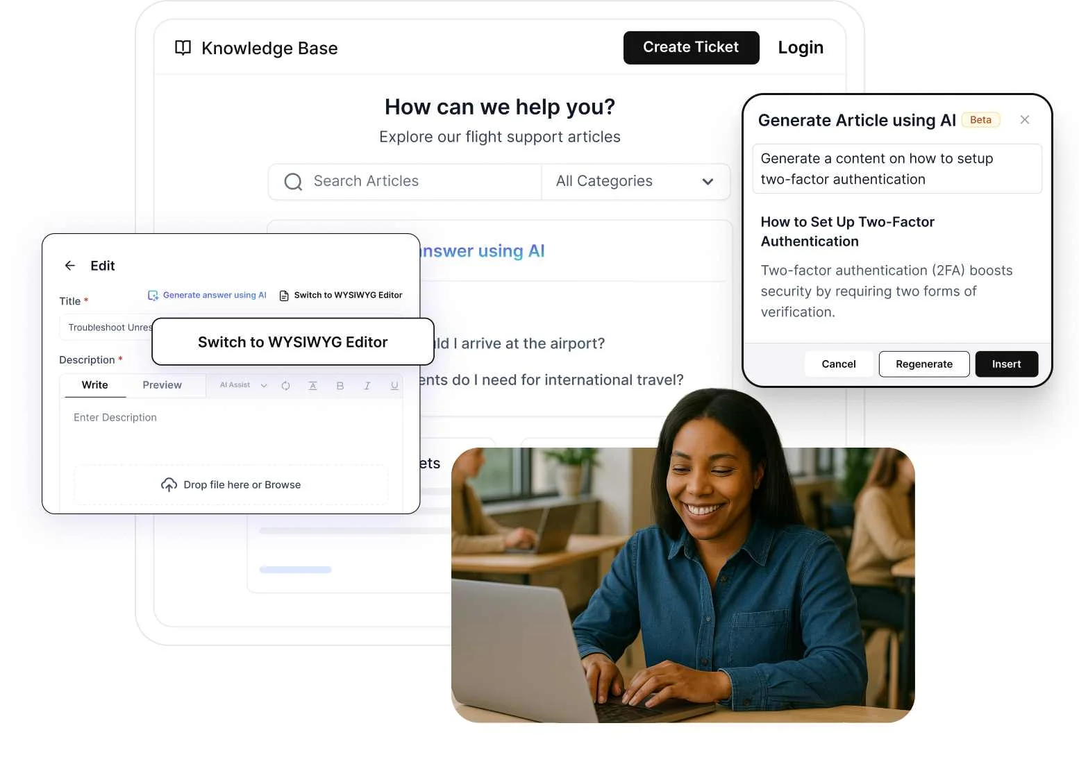 AI-powered knowledge base editor with article generation tools and a user working on a laptop