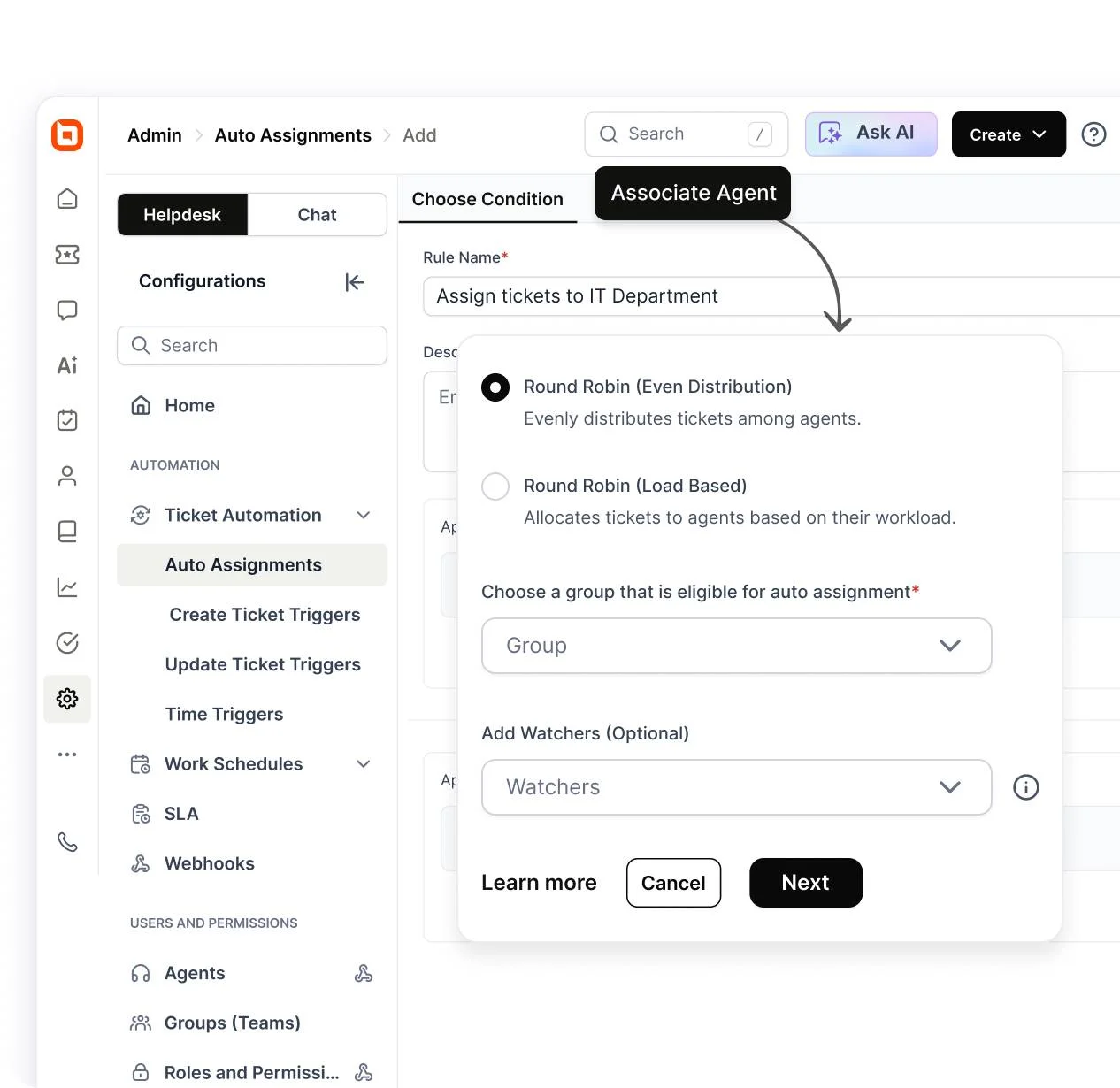 Ticket automation setup with round-robin assignment options for distributing support tickets to agents