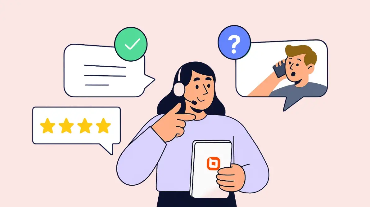 Customer service agent with headset and tablet, surrounded by speech bubbles showing checkmark, question mark, and stars