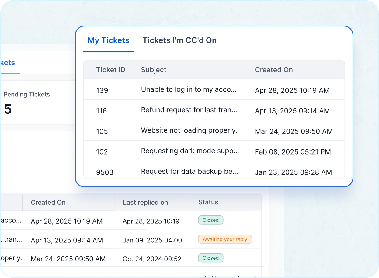 Customer self-service portal: Simple, clean interface to log tickets and check status