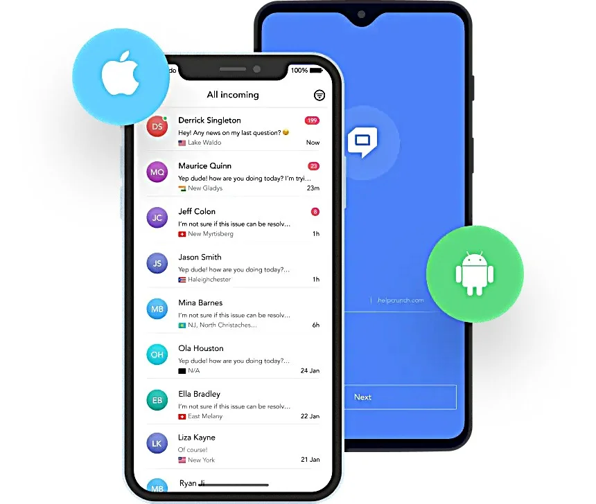 Smartphone displaying incoming messages is superimposed on larger chat app phone, with Apple and Android logos hovering 