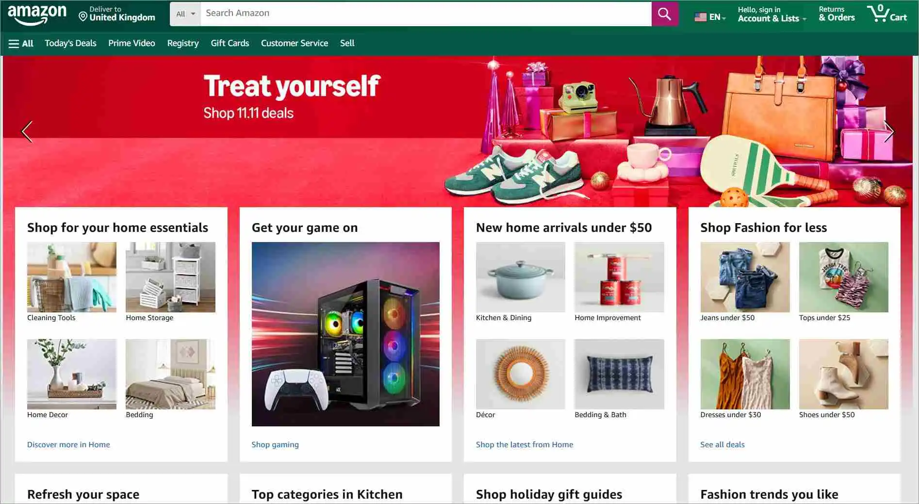 Amazon UK homepage featuring a promotional banner with the text ‘Treat yourself – Shop 11.11 deals’ against a red background with gift boxes, shoes, and accessories