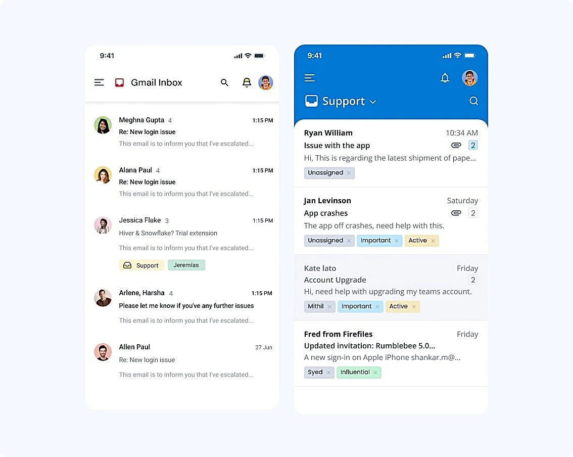  Left shows Gmail inbox with issue emails from contacts; right shows support app tickets tagged Important, clear design 