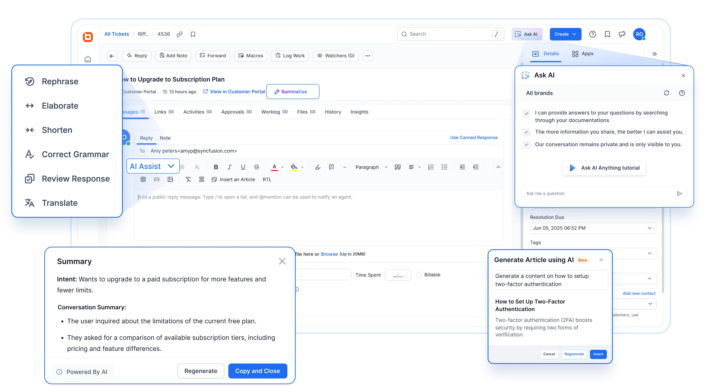 Optimize your web-based help desk with AI Copilot for replies, summaries, and articles.