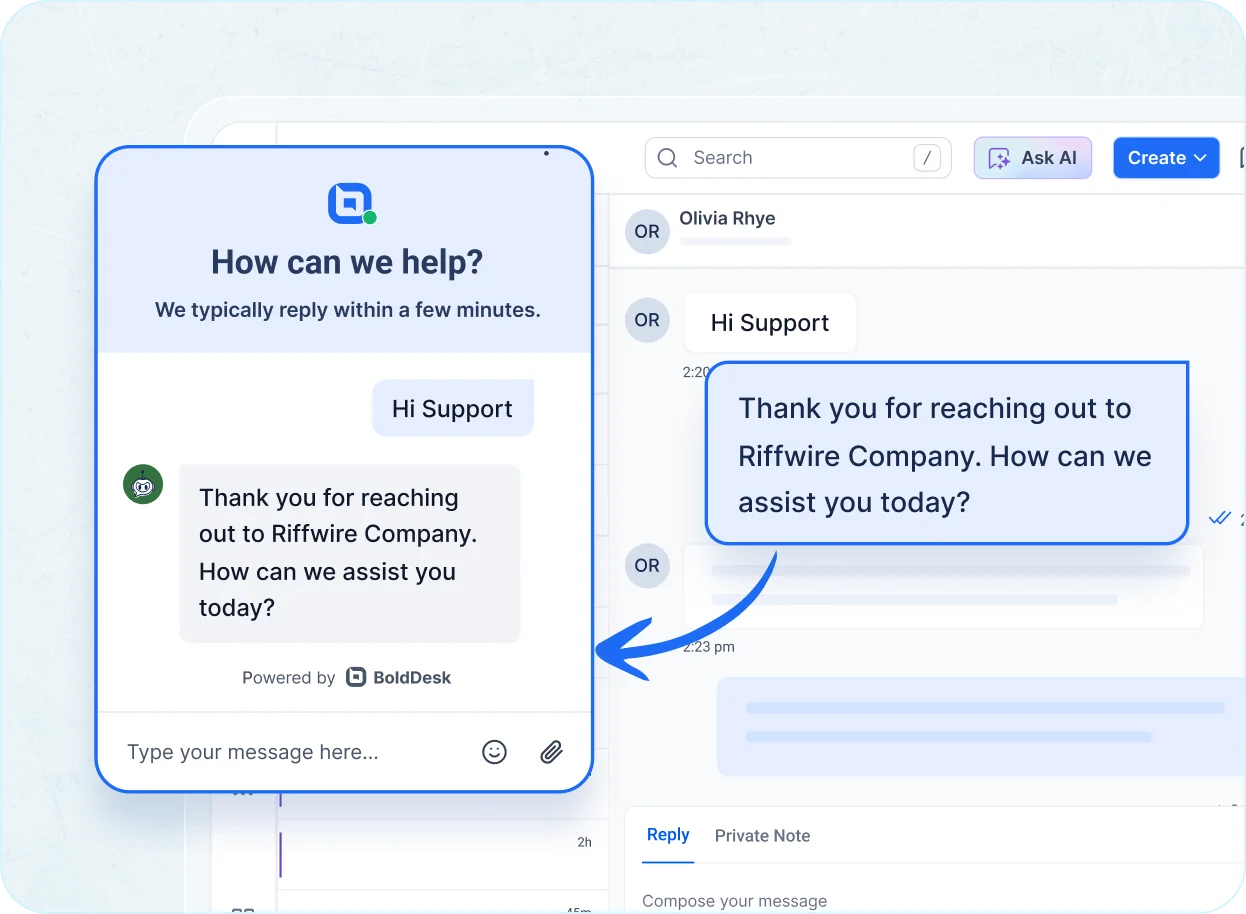 AI-powered live chat in a web-based help desk provides instant, intelligent customer support.