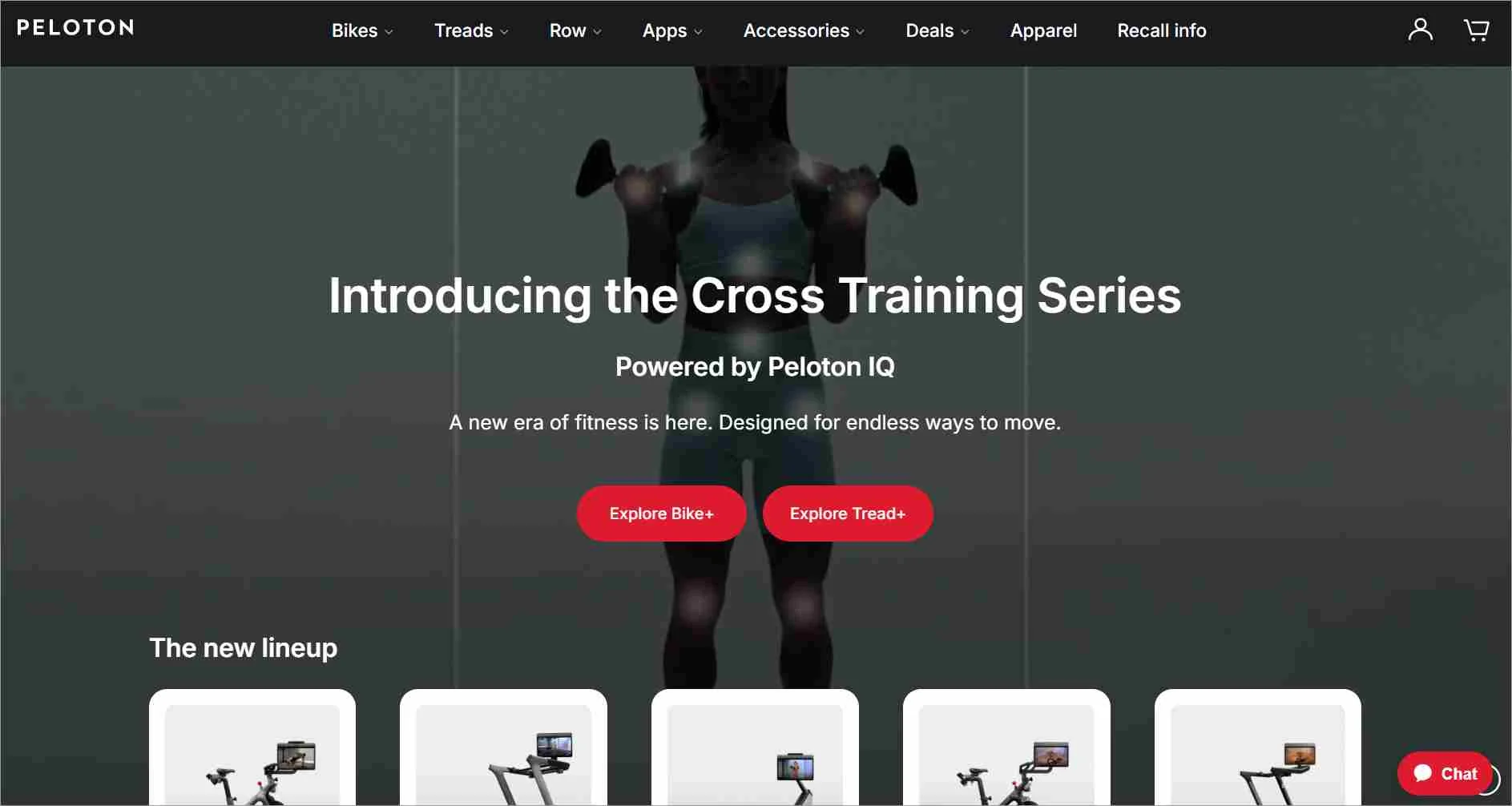 Peloton homepage promoting the Cross Training Series powered by Peloton IQ. The main headline reads ‘Introducing the Cross Training Series,’ followed by the tagline ‘A new era of fitness is here. Designed for endless ways to move.’ Two red buttons below invite users to ‘Explore Bike+’ and ‘Explore Tread+