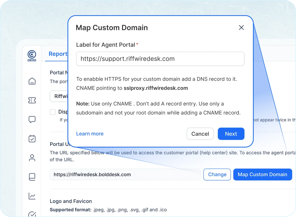 Knowledge management system domain mapping for custom branding and trusted access