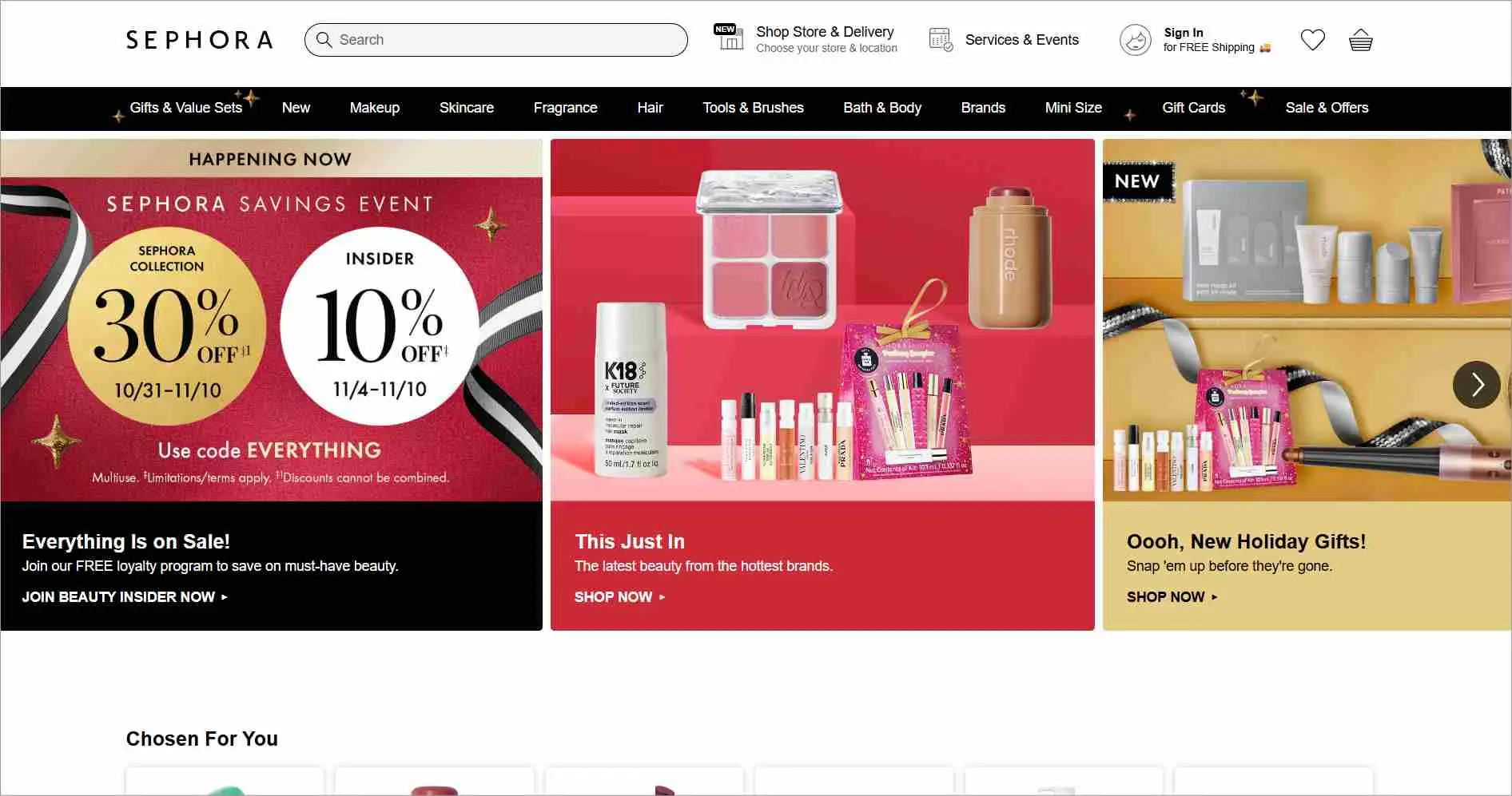 Sephora homepage highlighting a savings event banner offering 30% off Sephora Collection from October 31 to November 10 and 10% off for Insider members from November 4 to November 10, with the promo code ‘EVERYTHING