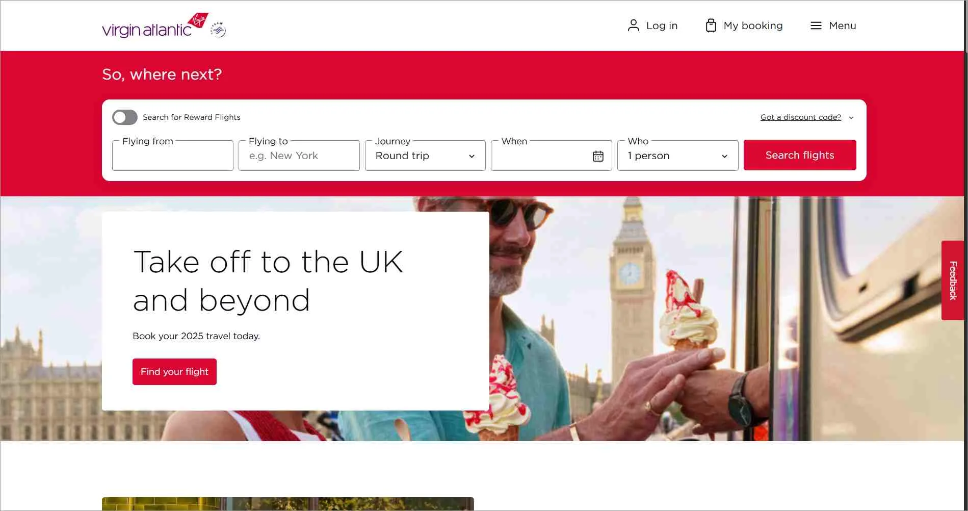 Virgin Atlantic flight booking webpage with a red header and search form for flights, including fields for departure, destination, journey type, date, and number of passengers