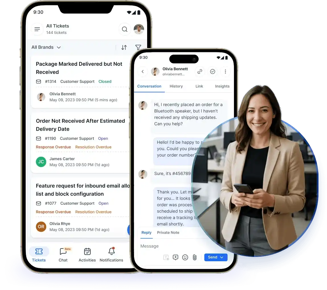 Two smartphones show service app screens: left with ticket list updates, right with appreciation message, colorful design