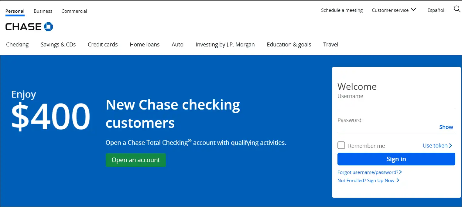 Chase Bank homepage featuring a blue banner that promotes a $400 bonus for new Chase checking customers who open a Chase Total Checking account with qualifying activities