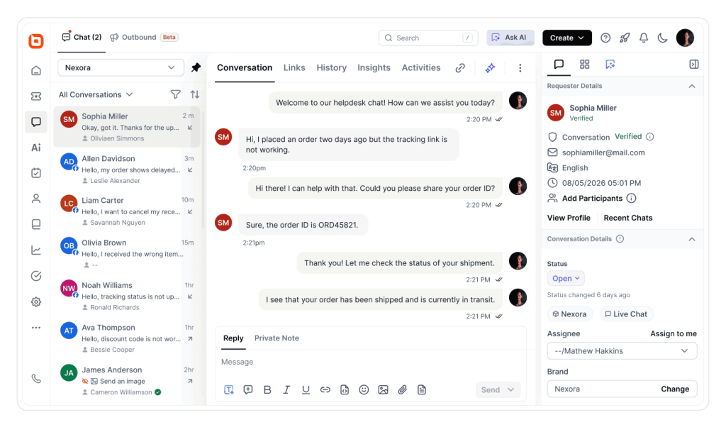 Help desk live chat interface showing customer conversations, ticket details, and agent response tools