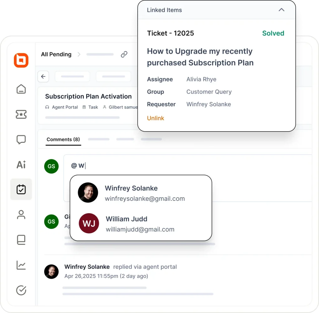 Support ticket dashboard showing linked items, assignee details, and user mentions in a subscription activation task