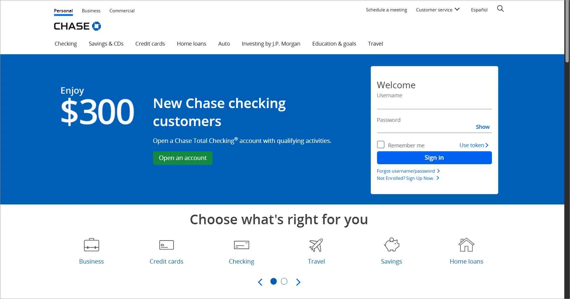 Chase Bank homepage featuring a blue banner that promotes a $300 bonus for new Chase checking customers who open a Chase Total Checking account with qualifying activities