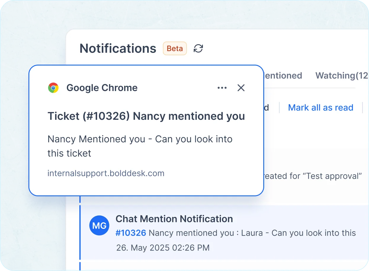Web-based help desk with real-time browser alerts for tickets, updates, and SLAs.