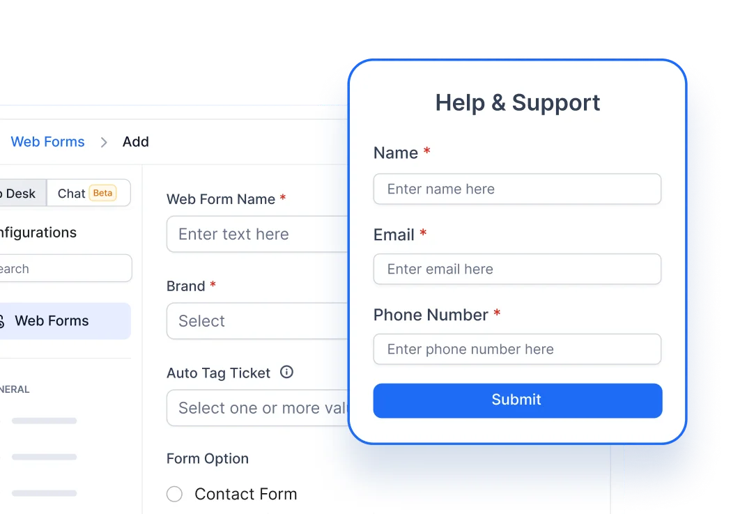 Embeddable support form in internal help desk software for easy ticket creation support