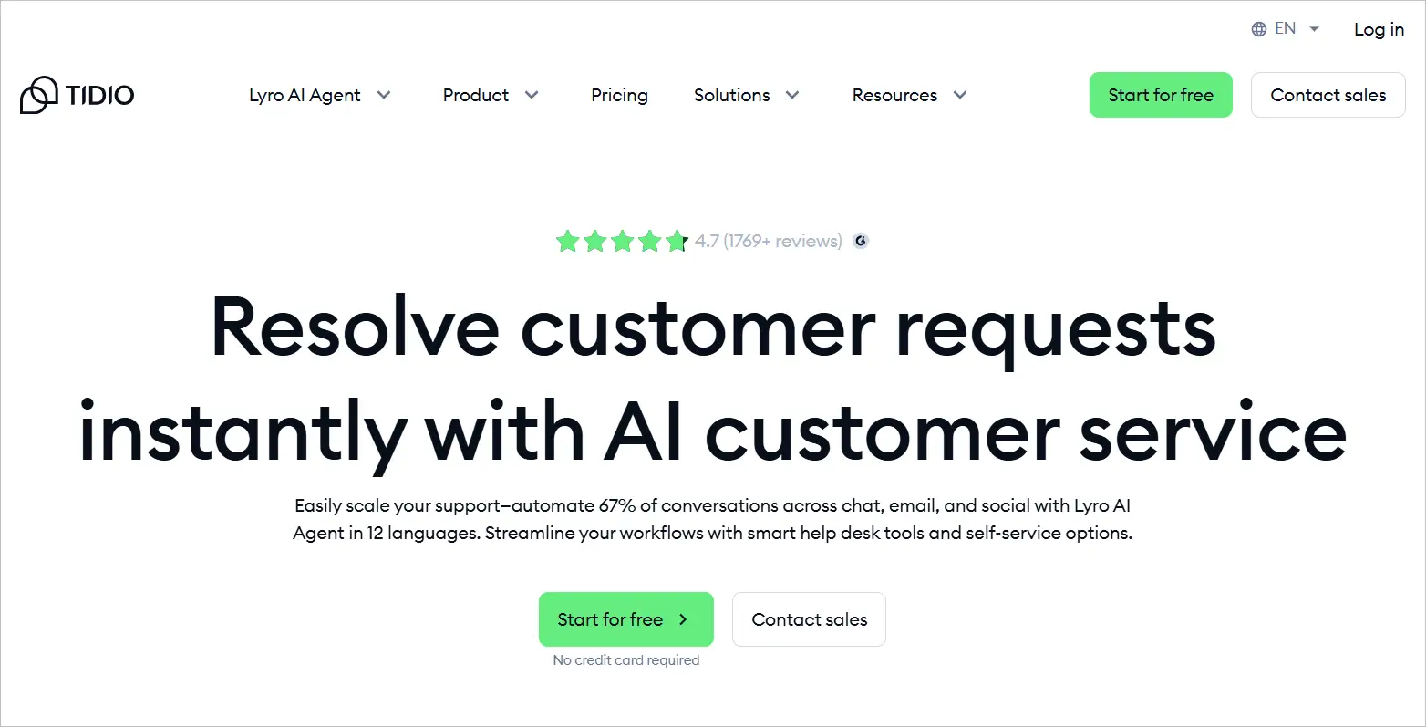Tidio's Lyro AI Agent homepage as a Chatbase alternative